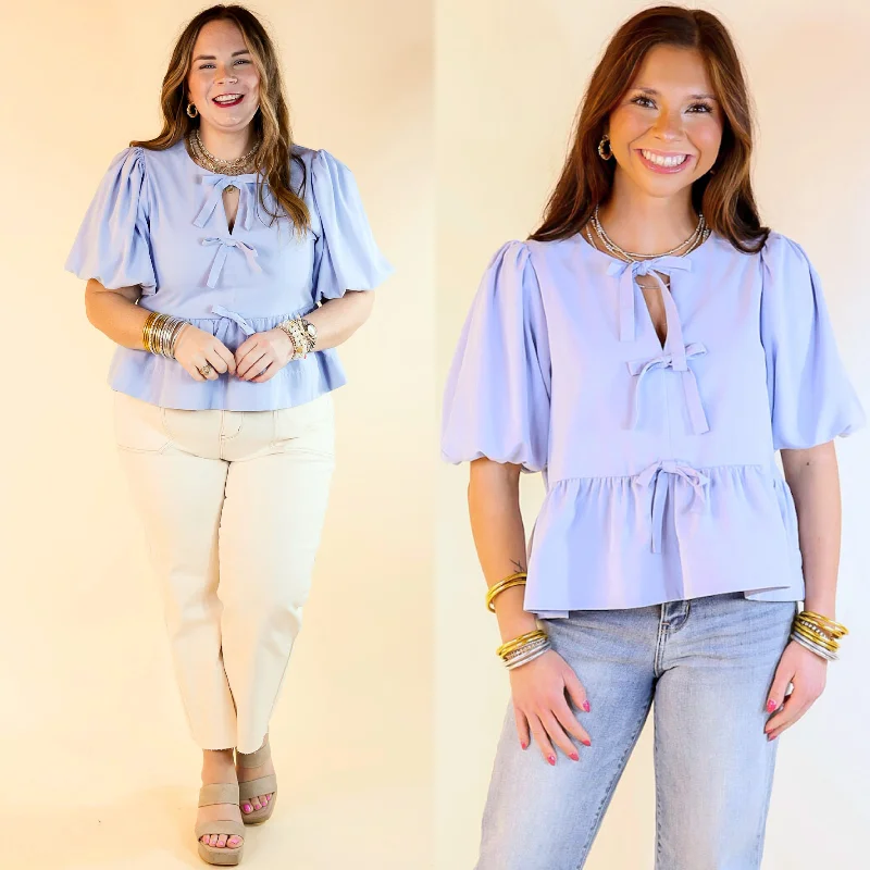 Simply Stunning Short Puff Sleeve Top with Bow Tie Detailing in Baby Blue Modern Women's 