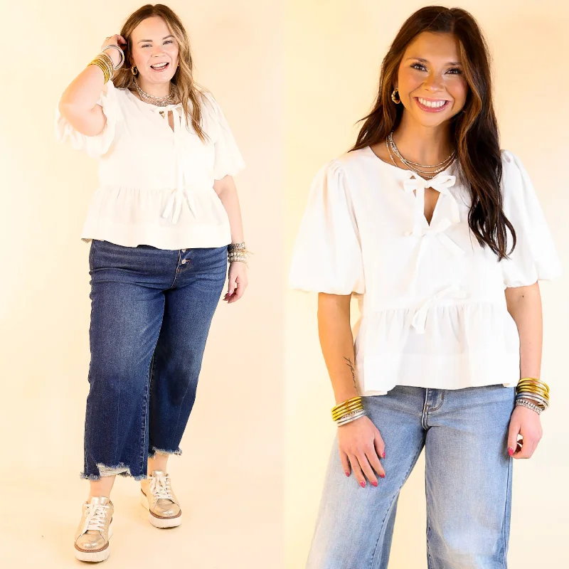 Simply Stunning Short Puff Sleeve Top with Bow Tie Detailing in Off White Trendy Women's Oversized