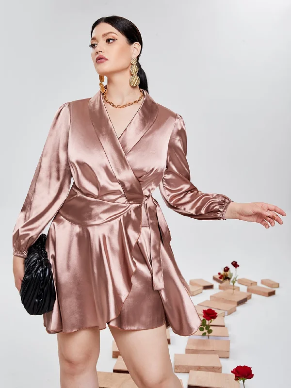 Glamorous Plain Tie Front Long Sleeve V Neck Wrap High Waist Short Plus Size Dress Sophisticated Women's Tailored Glamorous Plain Tie Front Long Sleeve V Neck Wrap High Waist Short Plus Size Dress Sophisticated Women's Tailored