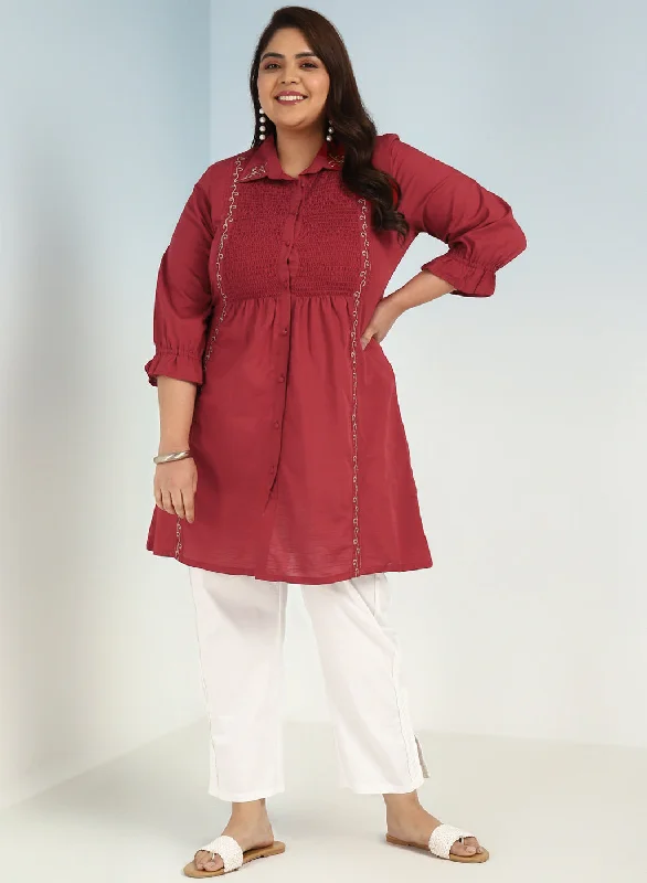Brick Red A Line Tunic with Smocking Front and Classic Collar Modern Women's 