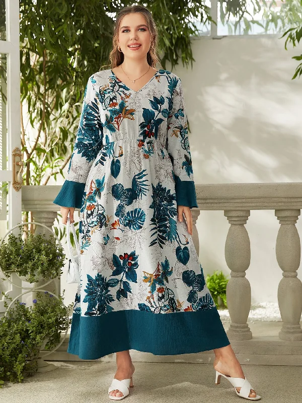 Boho Tropical Long Sleeve V Neck Flared High Waist Maxi Plus Size Dress Bold Women's Animal Print Boho Tropical Long Sleeve V Neck Flared High Waist Maxi Plus Size Dress Bold Women's Animal Print