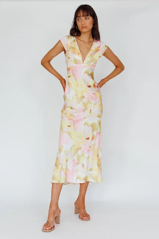 Lucinda Cap Sleeve Twist Back Midi Dress Flower Pink Traditional Women's 