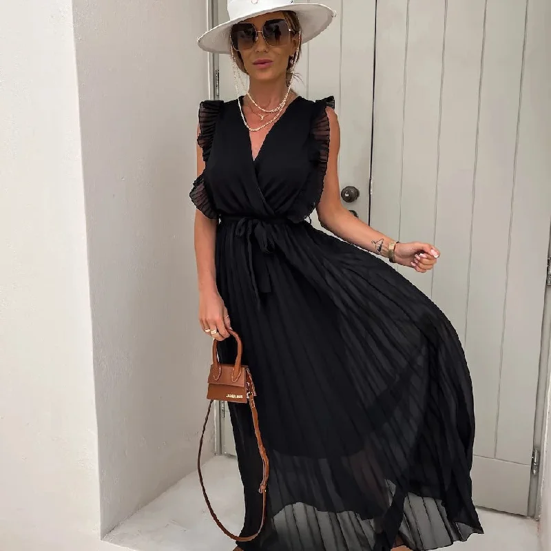 Sexy V-Neck Crossover Ruffle Sleeve Pressed Pleat Dress Wholesale Dresses Business