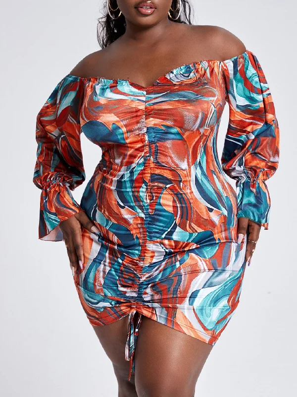 Sexy All Over Print Drawstring Long Sleeve Off The Shoulder Pencil Natural Short Plus Size Dress Stylish Women's Tropical Sexy All Over Print Drawstring Long Sleeve Off The Shoulder Pencil Natural Short Plus Size Dress Stylish Women's Tropical