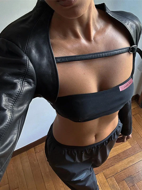ZASUWA Female Sexy Glossy PU Faux Leather 2-piece Crop Top Long Sleeves British Gentlewoman Style