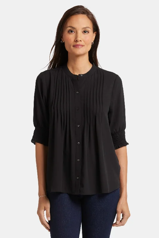 Pleated Short Sleeved Blouse - Black Dapper Women's Bow - adorned