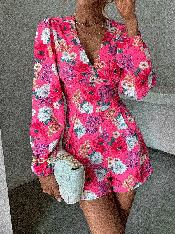 Boho Floral Long Sleeve V Neck High Waist Short Women Jumpsuit Bohemian Women's Free Boho Floral Long Sleeve V Neck High Waist Short Women Jumpsuit Bohemian Women's Free