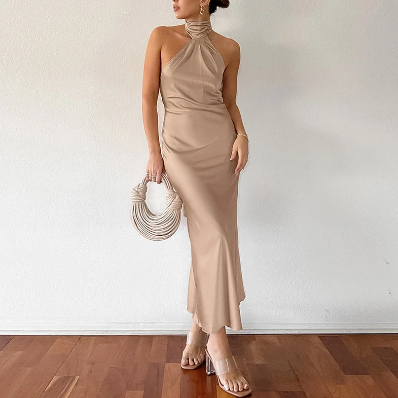 Halter Neck Solid Color Strappy Slim Backless Dress Wholesale Dresses European