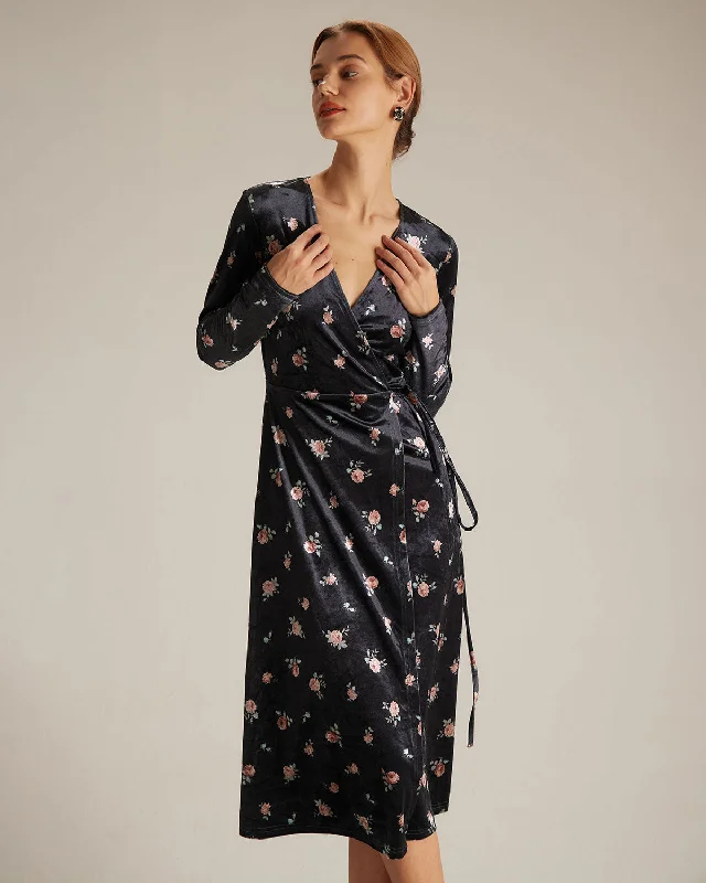 The Black V Neck Floral Velvet Wrap Midi Dress Sporty Women's Athleisure 