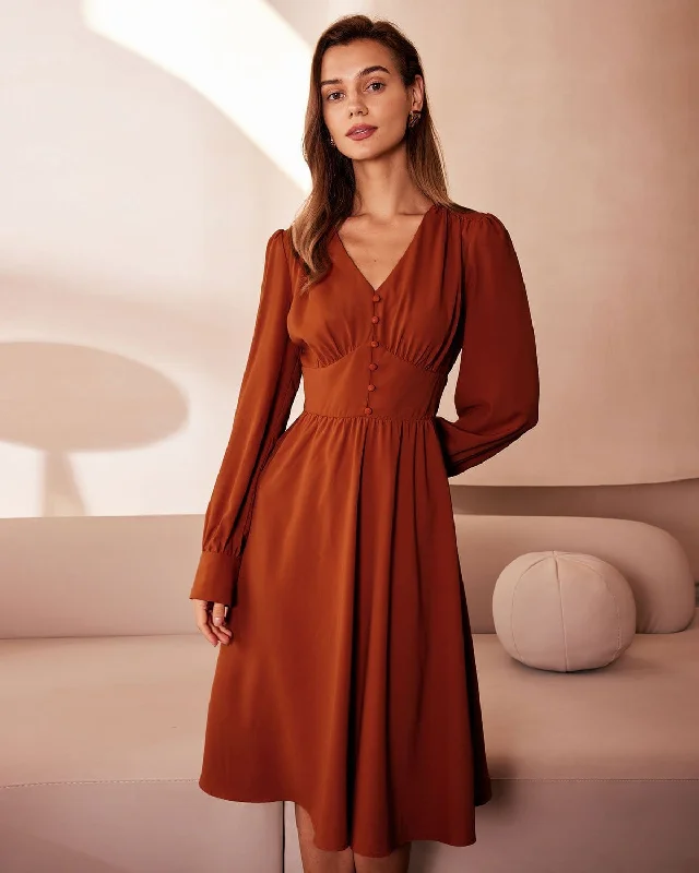 The Orange V Neck Pleated Button Midi Dress Dapper Women's 1920S
