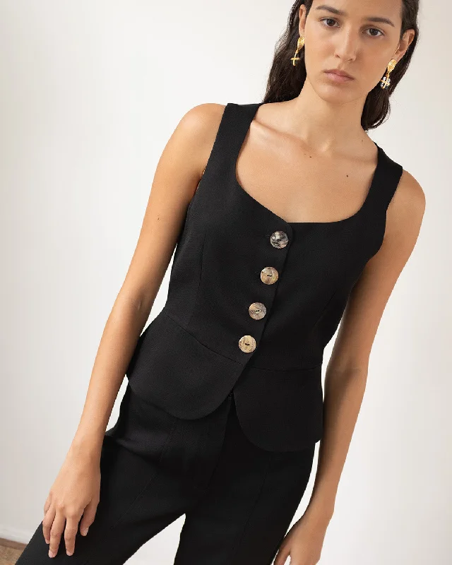 Eunice Vest Crepe Twill Viscose Black Hip Women's Retro