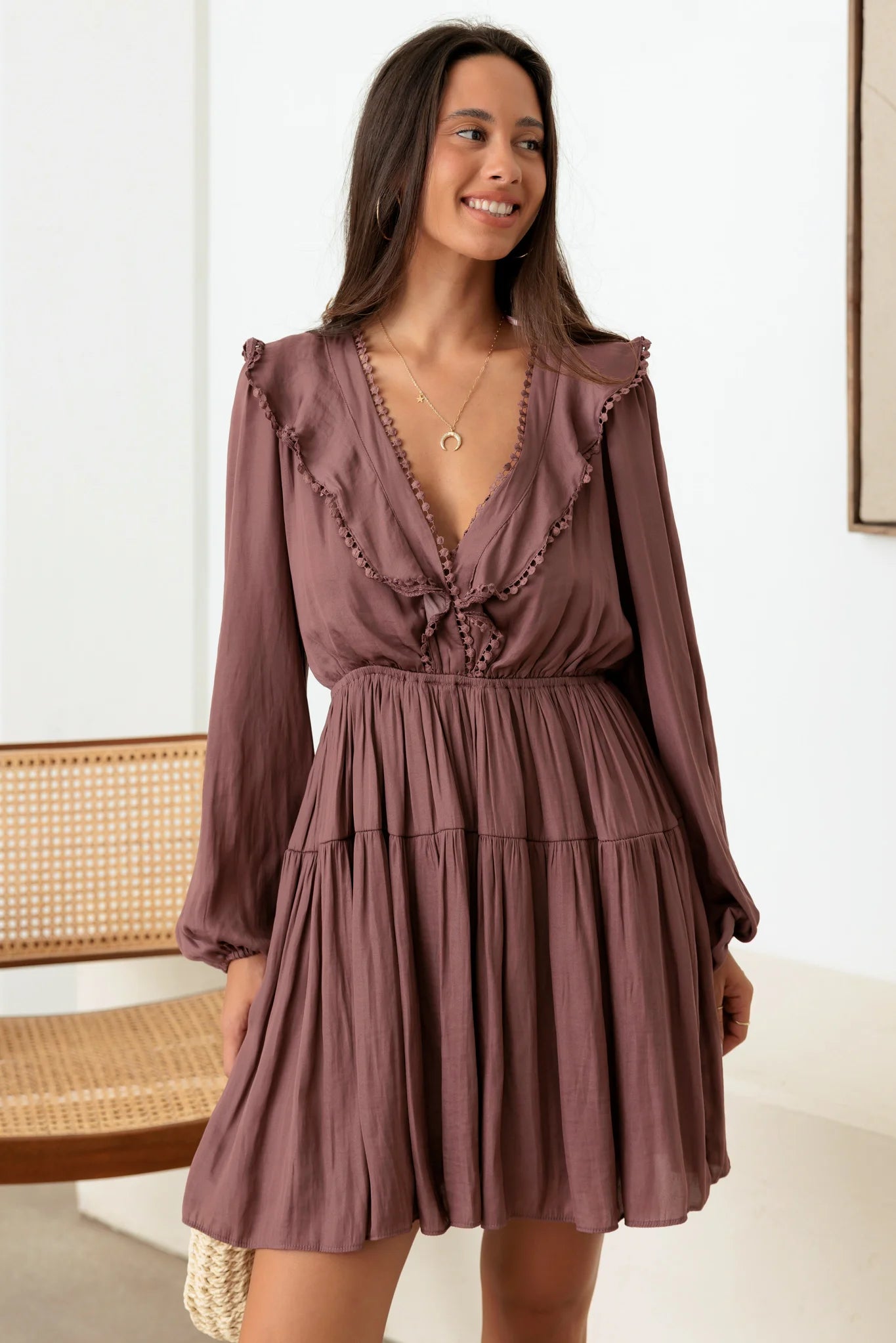 Boho Balloon Sleeve Lace Up Back Satin Mini Dress Disco