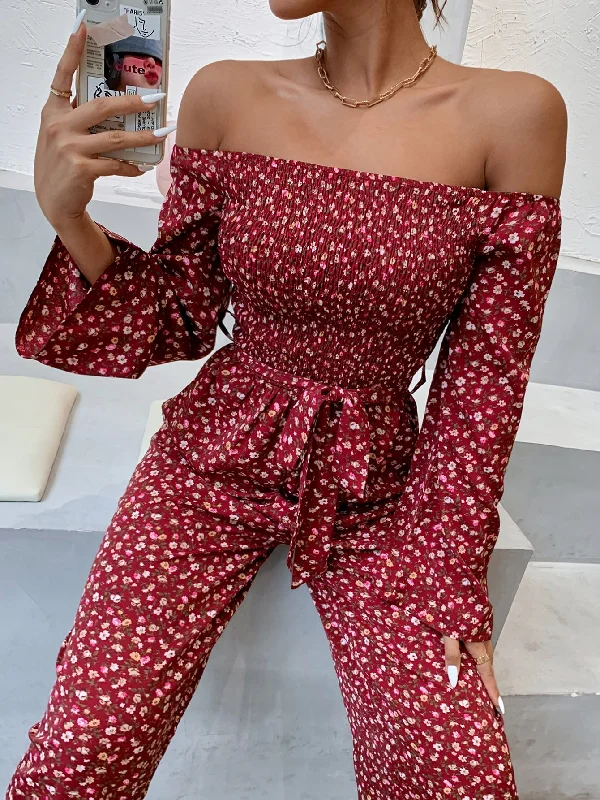 Boho Ditsy Floral Shirred Long Sleeve Off The Shoulder High Waist Long Women Jumpsuit Refined Women's Boho Ditsy Floral Shirred Long Sleeve Off The Shoulder High Waist Long Women Jumpsuit Refined Women's