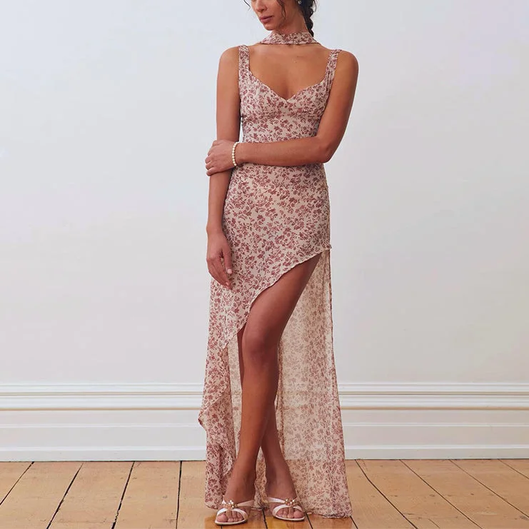 Asymmetric Suspender Floral Sexy Backless Slit Tie Dress Wholesale Dresses Casual Women's Loose - fitting Asymmetric Suspender Floral Sexy Backless Slit Tie Dress Wholesale Dresses Casual Women's Loose - fitting