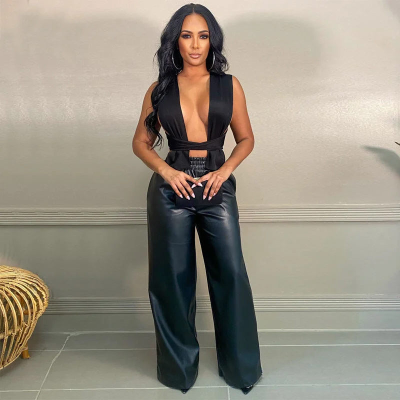 L0018 Fashion High Waist Black Wide Leg Long Pants Leather Pants For Women Cool Women's Distressed L0018 Fashion High Waist Black Wide Leg Long Pants Leather Pants For Women Cool Women's Distressed