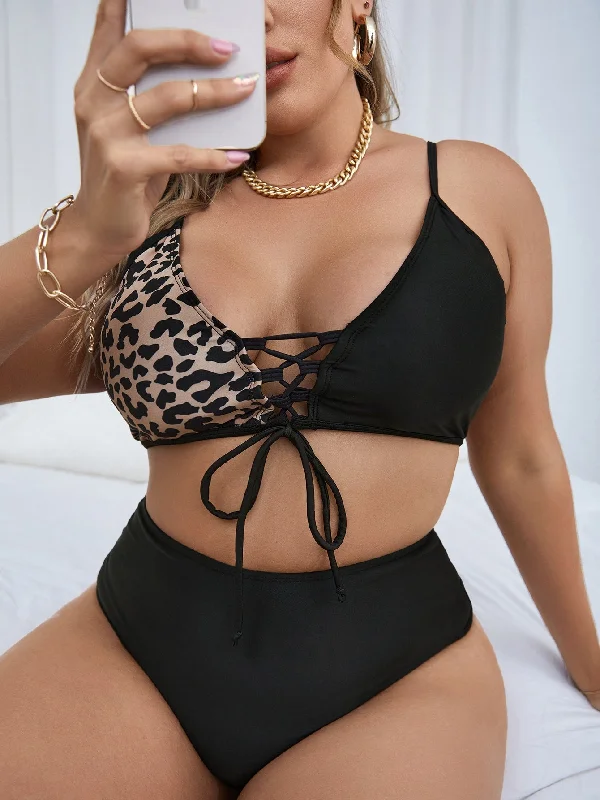 Sexy Leopard Lace Up Spaghetti Strap Plus Size Bikini Sets Luxurious Women's High - end Sexy Leopard Lace Up Spaghetti Strap Plus Size Bikini Sets Luxurious Women's High - end