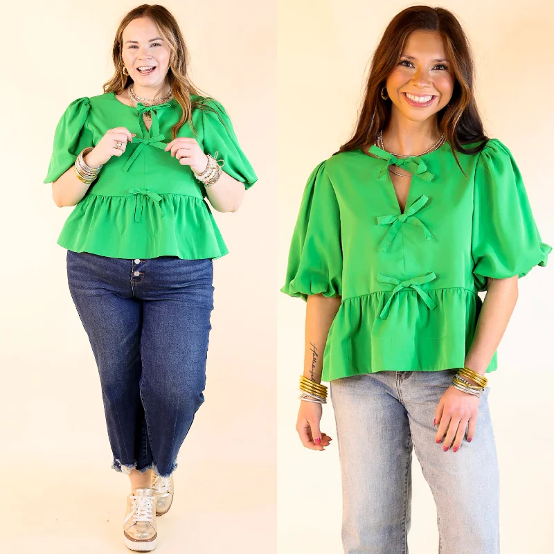 Simply Stunning Short Puff Sleeve Top with Bow Tie Detailing in Green Feminine Women's Soft 