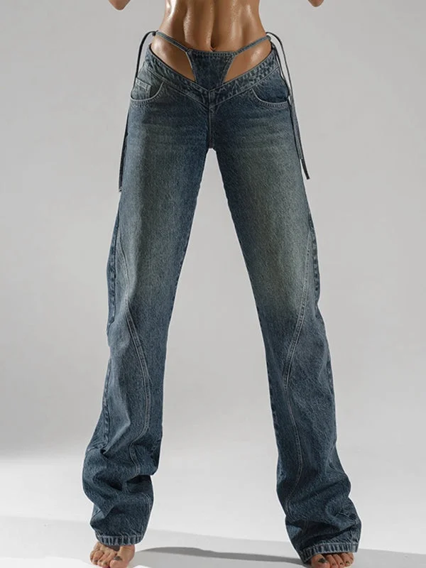 ZASUWA Female Sexy Cutout V-shape Waist Denim Flare Fashion Pants Preppy Women's College