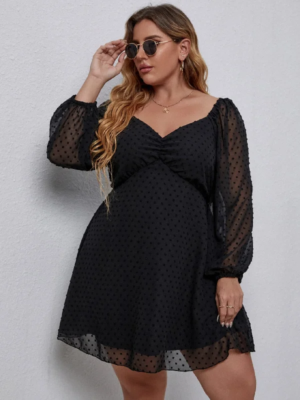 Elegant Plain Ruched Long Sleeve Sweetheart Flared High Waist Short Plus Size Dress Refined Women's Hand - crafted Elegant Plain Ruched Long Sleeve Sweetheart Flared High Waist Short Plus Size Dress Refined Women's Hand - crafted