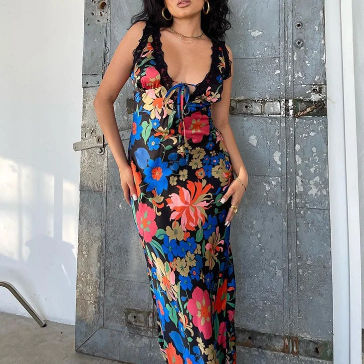 Flower Print Deep V Stitching Lace Tie Dress Wholesale Dresses Stylish Women's Neon