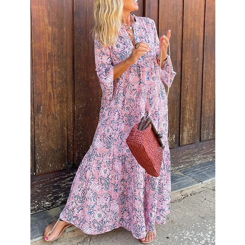Fashion Printed Button Down V-Neck Bubble Sleeve Dress Wholesale Dresses performance Fashion Printed Button Down V-Neck Bubble Sleeve Dress Wholesale Dresses performance