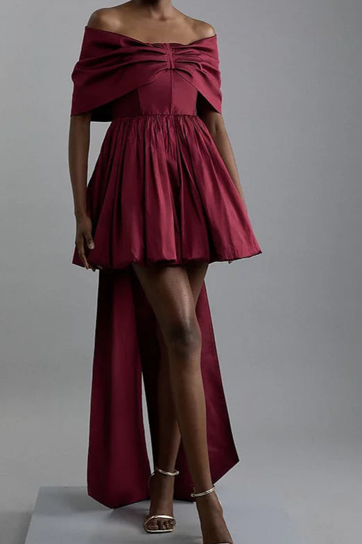 Karen Millen Bow Detail Taffeta Woven Mini Dress - Burgundy Sophisticated Women's Tailored