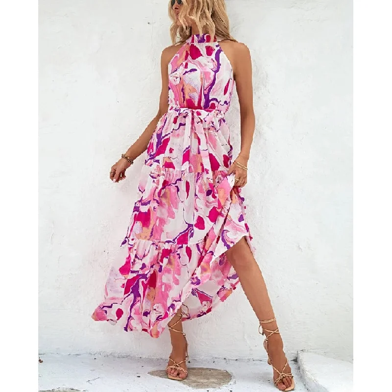 Bohemian Sleeveless Ruffle Print Off-Shoulder Dress Wholesale Dresses Contemporary 