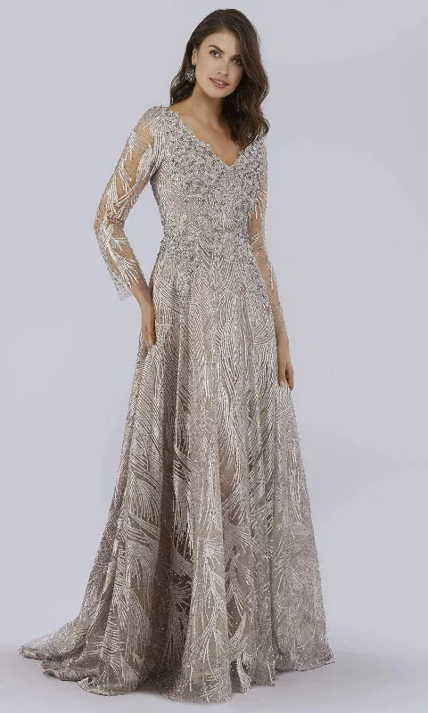 Lara Dresses - 29753 V Neck Long Sleeves Beaded Embroidered Gown French
