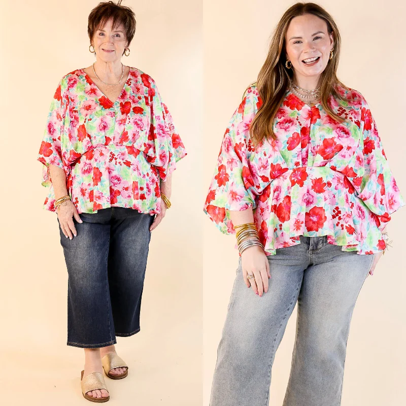 Hear the Music Drop Sleeve Satin Floral Print V Neck Peplum Top in White Traditional Women's Wool Hear the Music Drop Sleeve Satin Floral Print V Neck Peplum Top in White Traditional Women's Wool