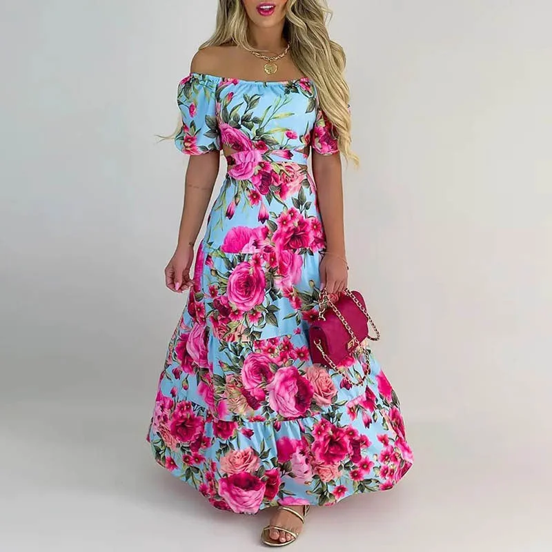 Puff Sleeve Printed One Shoulder Cutout Swing Dress Wholesale Dresses Bold Women's Statement Puff Sleeve Printed One Shoulder Cutout Swing Dress Wholesale Dresses Bold Women's Statement