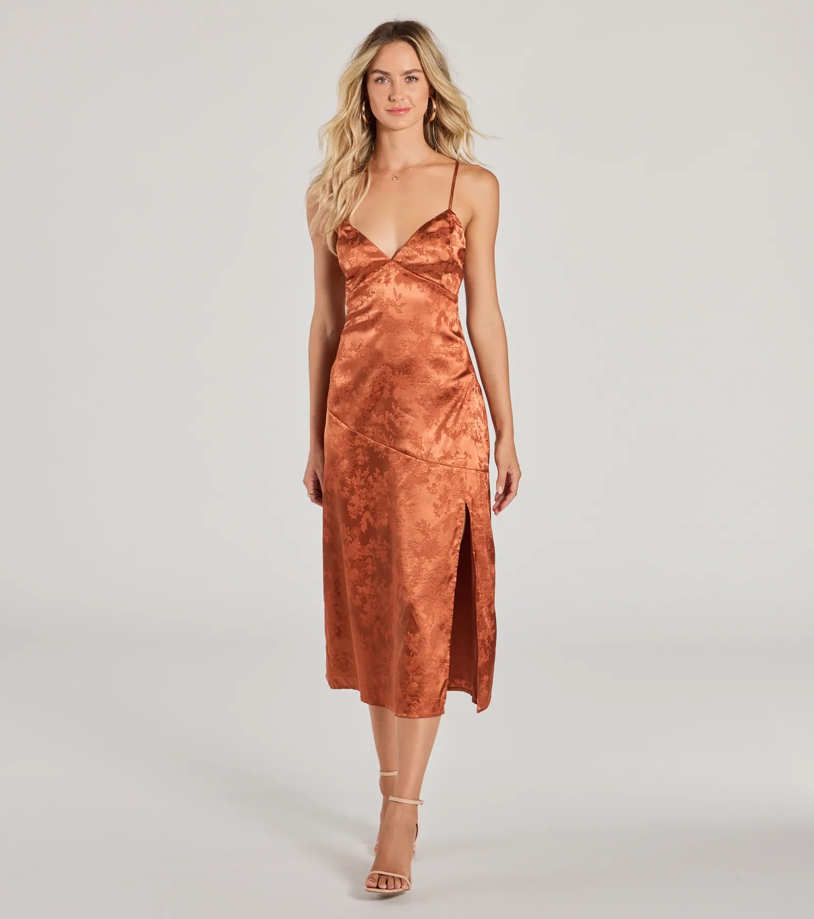 Chic Charm Floral Satin A-Line Midi Dress Disco
