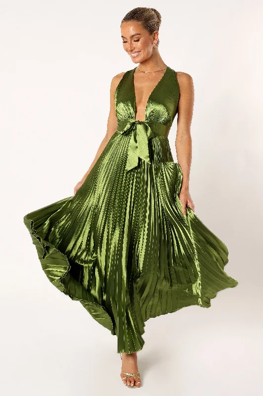 Kris Pleated Maxi Dress - Martini Olive Elegant Women's 