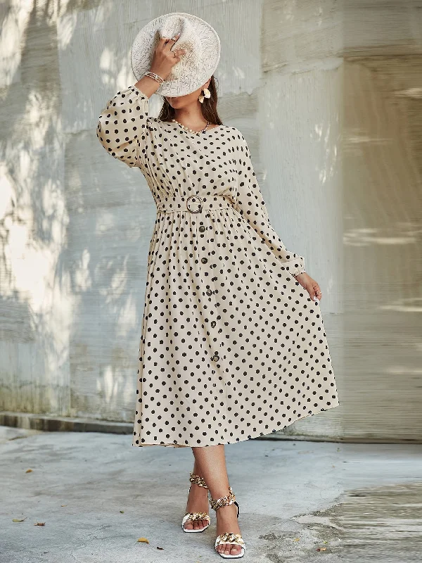 Elegant Polka Dot Belted Long Sleeve Round Neck Flared High Waist Long Plus Size Dress Compression Elegant Polka Dot Belted Long Sleeve Round Neck Flared High Waist Long Plus Size Dress Compression