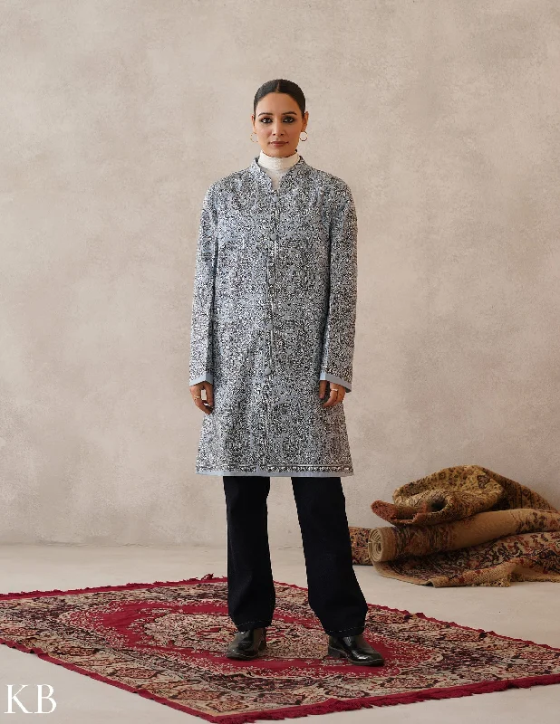 Nayaab Columbia Blue Kashmiri Sozni Embroidered Fine Wool Long Jacket Polished Women's Silk Nayaab Columbia Blue Kashmiri Sozni Embroidered Fine Wool Long Jacket Polished Women's Silk