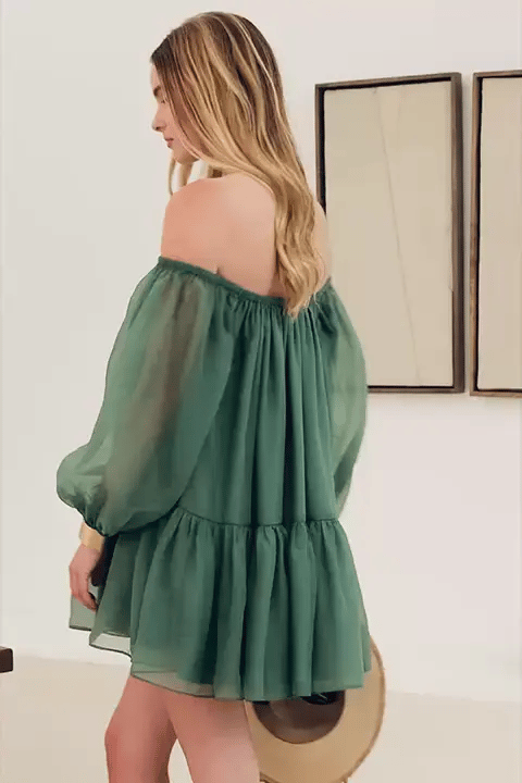 Organza Long Off Shoulder Wide Sleeve Mini Dress Monochromatic All - in - one