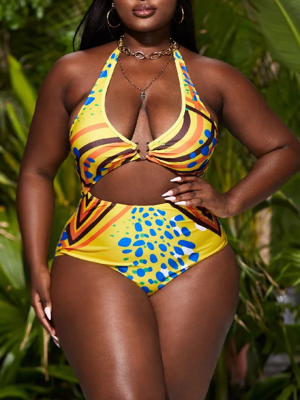 Boho Graphic Halter Plus Size One-Pieces Laid - back Women's Style