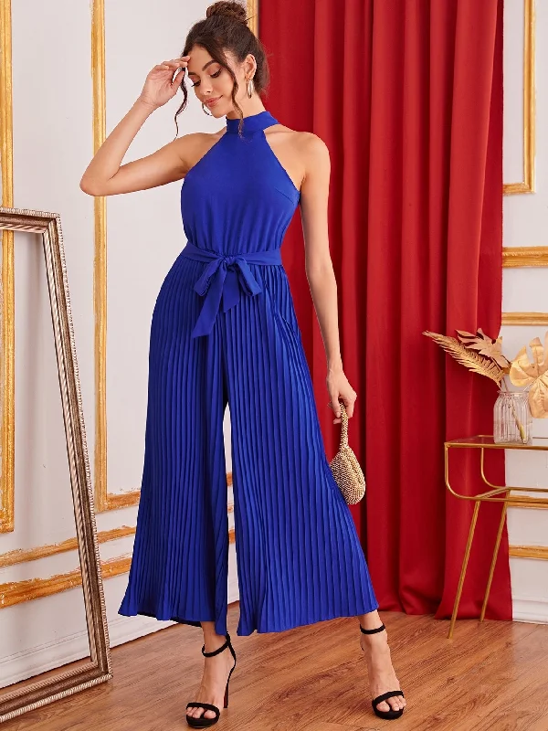 Elegant Plain Tie Back Sleeveless Halter High Waist Long Women Jumpsuit Dynamic Women's High - energy Elegant Plain Tie Back Sleeveless Halter High Waist Long Women Jumpsuit Dynamic Women's High - energy