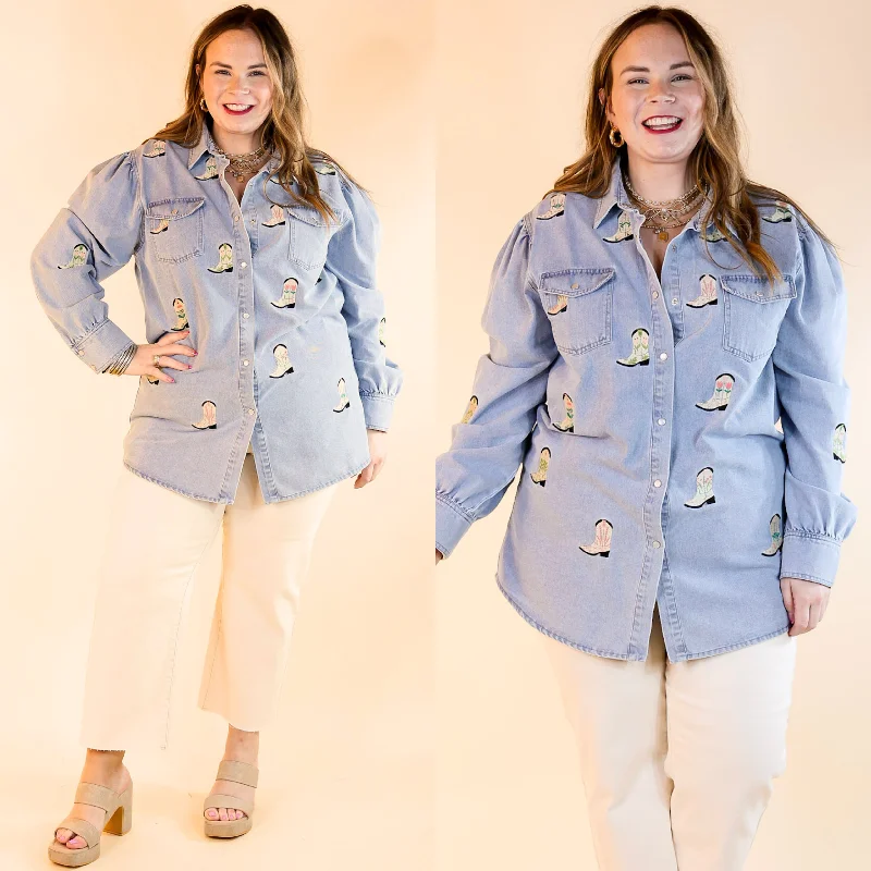Cowgirl Charm Denim Button Up Collared Top with Embroidered Boot Icons Vintage Women's 1970S 