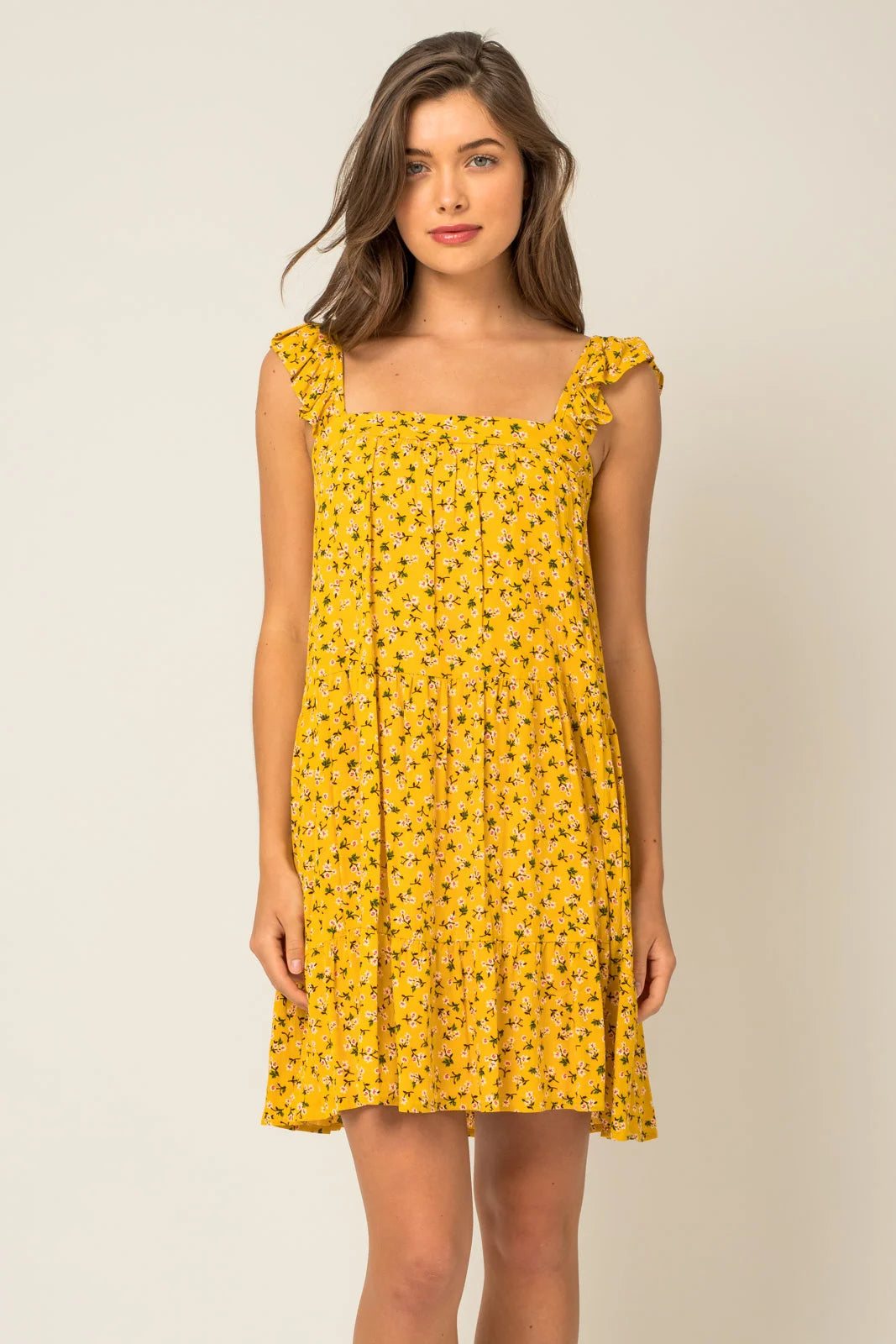 Ruffle Shoulder Square Neck Ditsy Mini Dress Adventure