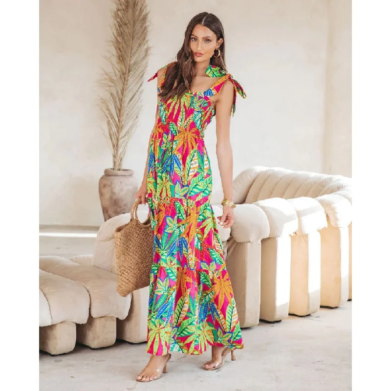 Casual Leaf Print Bralette Sleeveless Suspender Long Dress Wholesale Dresses Disco