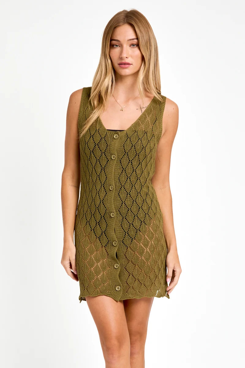 Sleeveless V-Neck Crochet Button Up Sweater Dress Geometric