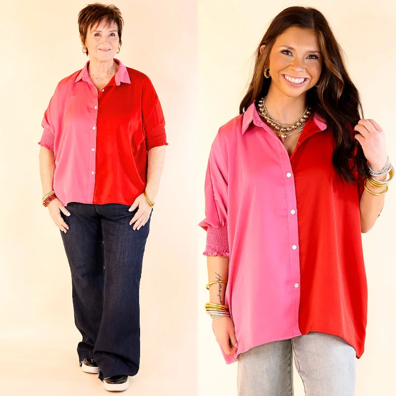 Last Chance Size Small (Oversized!!) | Major Glow Satin Smocked 3/4 Sleeve Button Up Blouse in Pink and Red Youthful Women's Pop