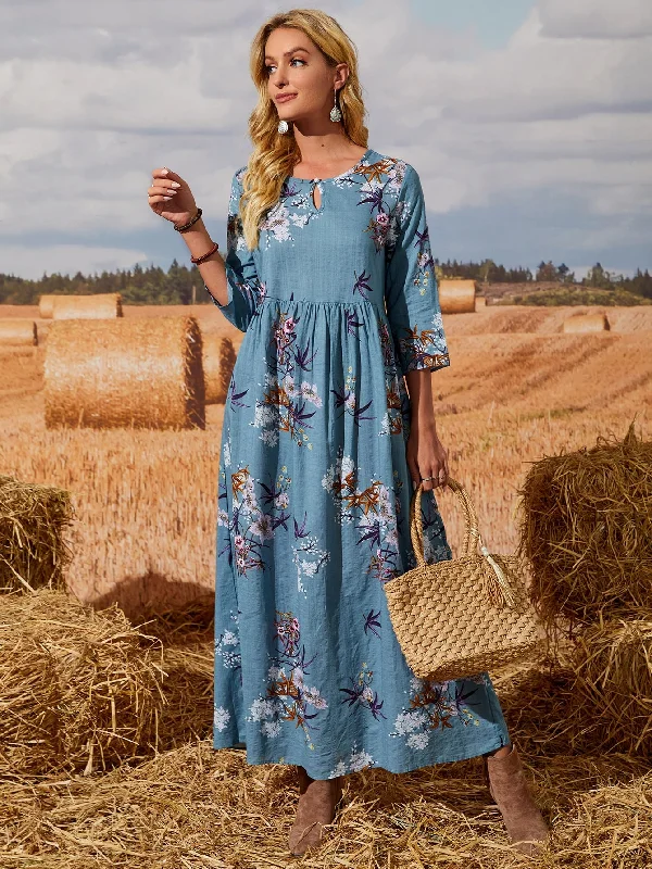 Floral Button Three Quarter Length Sleeve Keyhole Neckline Flared High Waist Maxi Dress Monochromatic Office Style Floral Button Three Quarter Length Sleeve Keyhole Neckline Flared High Waist Maxi Dress Monochromatic Office Style