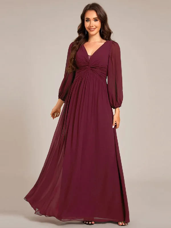 Ruth | Graceful Chiffon A-Line Pleated Long Sleeves Formal Evening Dress Refined Women's Hand - crafted Ruth | Graceful Chiffon A-Line Pleated Long Sleeves Formal Evening Dress Refined Women's Hand - crafted