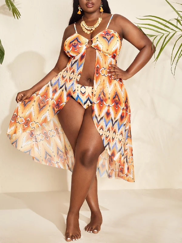 Boho All Over Print Ring Spaghetti Strap Plus Size Tankini Traditional Women's Wool
