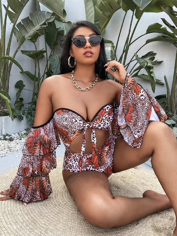 Sexy Animal Tiered Layer Off The Shoulder Plus Size One-Pieces Compression
