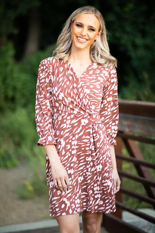 Rust and White Abstract Animal Print Dress Refined Women's 
