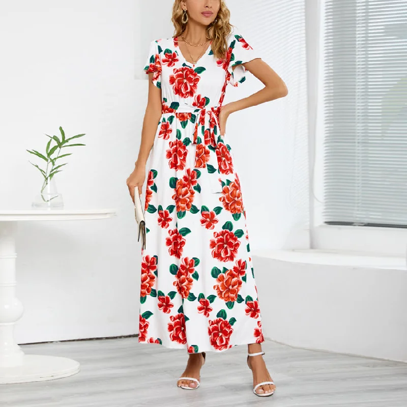 Slim Fit Short Sleeve V Neck Rose Print Dress Wholesale Dresses Vacation