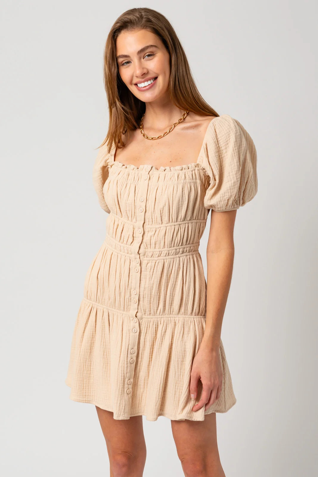 Puff Short Sleeve Shirring Mini Dress Streetwear Style for 