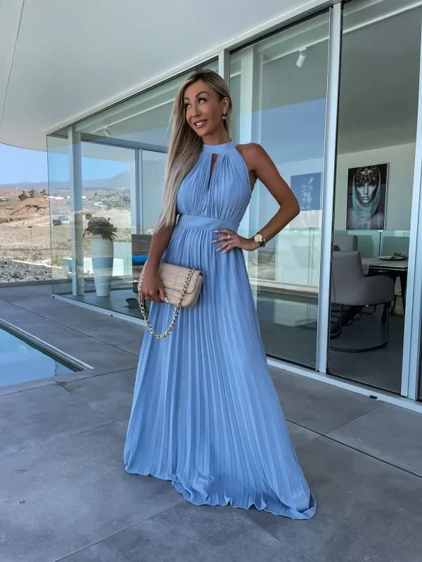 Elegant Solid Colour Sleeveless Hanging Neck Pleated Big Pendulum Dress Wholesale Dresses Sleek Women's Elegant Solid Colour Sleeveless Hanging Neck Pleated Big Pendulum Dress Wholesale Dresses Sleek Women's